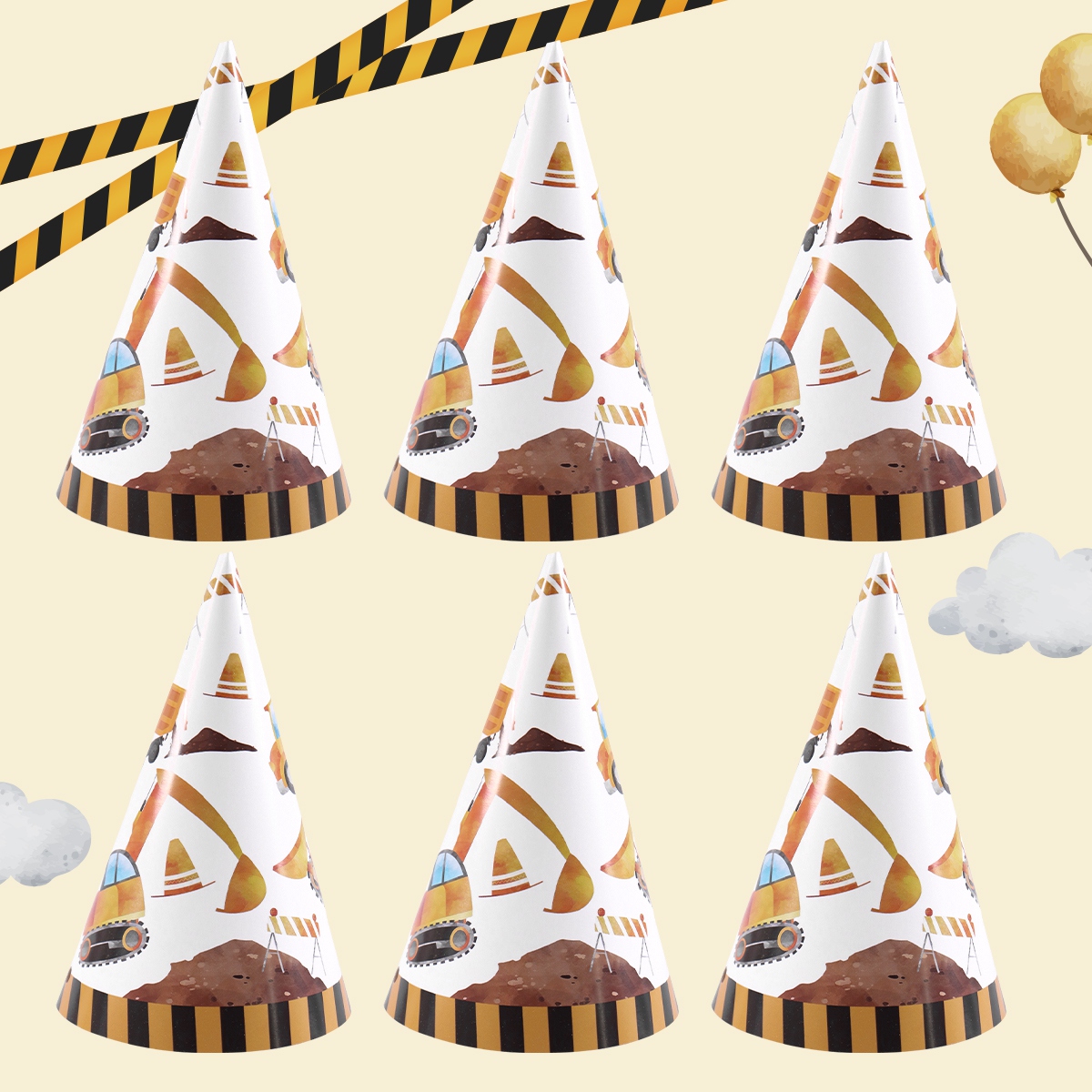 Party Hat Cone - 6 Stück Baufahrzeug-Geburtstagshüte mit elastischem Band,