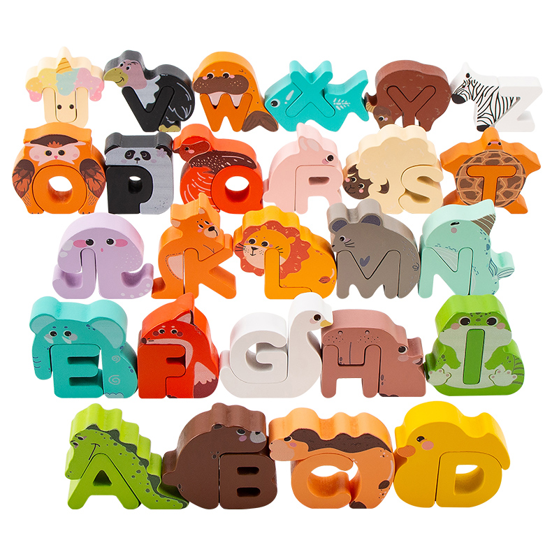 Event Z - 26-teiliges Holz-Tier-Alphabet-Set, A-Z Buchstaben-Stapelspielzeug, Lehrreiches Lernspiel