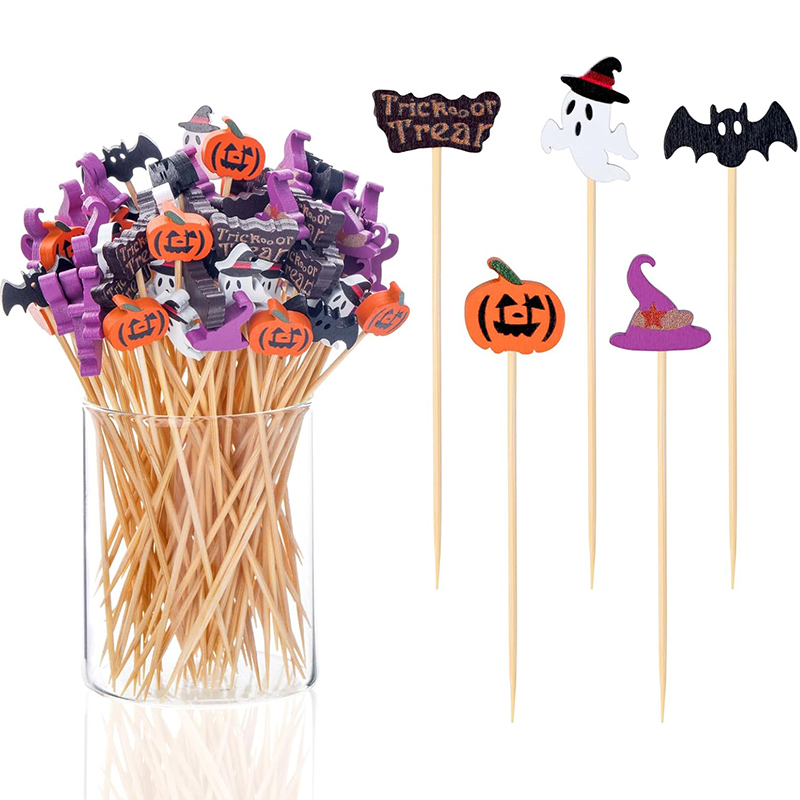 Centerpiece Stick - 50/100 Stück Halloween-Party-Zahnstocher Einweg-Bambusspieße Kürbis-Geist-Fruchtgabeln Kuchen-Dessert-Cocktail-Stäbchen