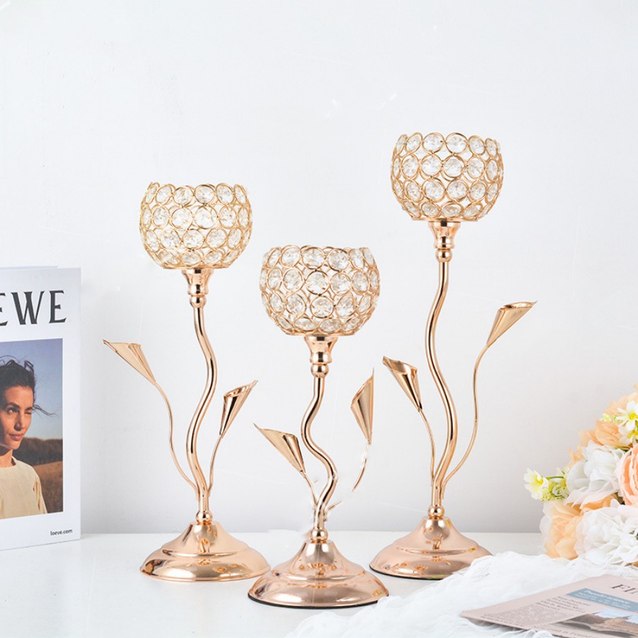 Centerpiece Stick - Goldfarbener Kristall-Kerzenhalter, blumenförmiger Kerzenständer aus Eisen,